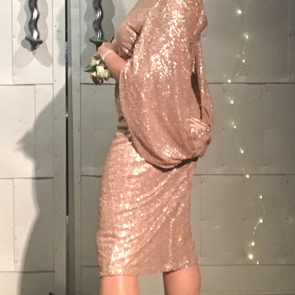 Teri Jon rose gold sequence dress. Attached cape.